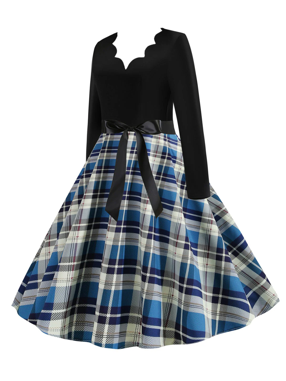 1950er V-Ausschnitt Langärmeliges Plaid Swing Kleid - Image 5