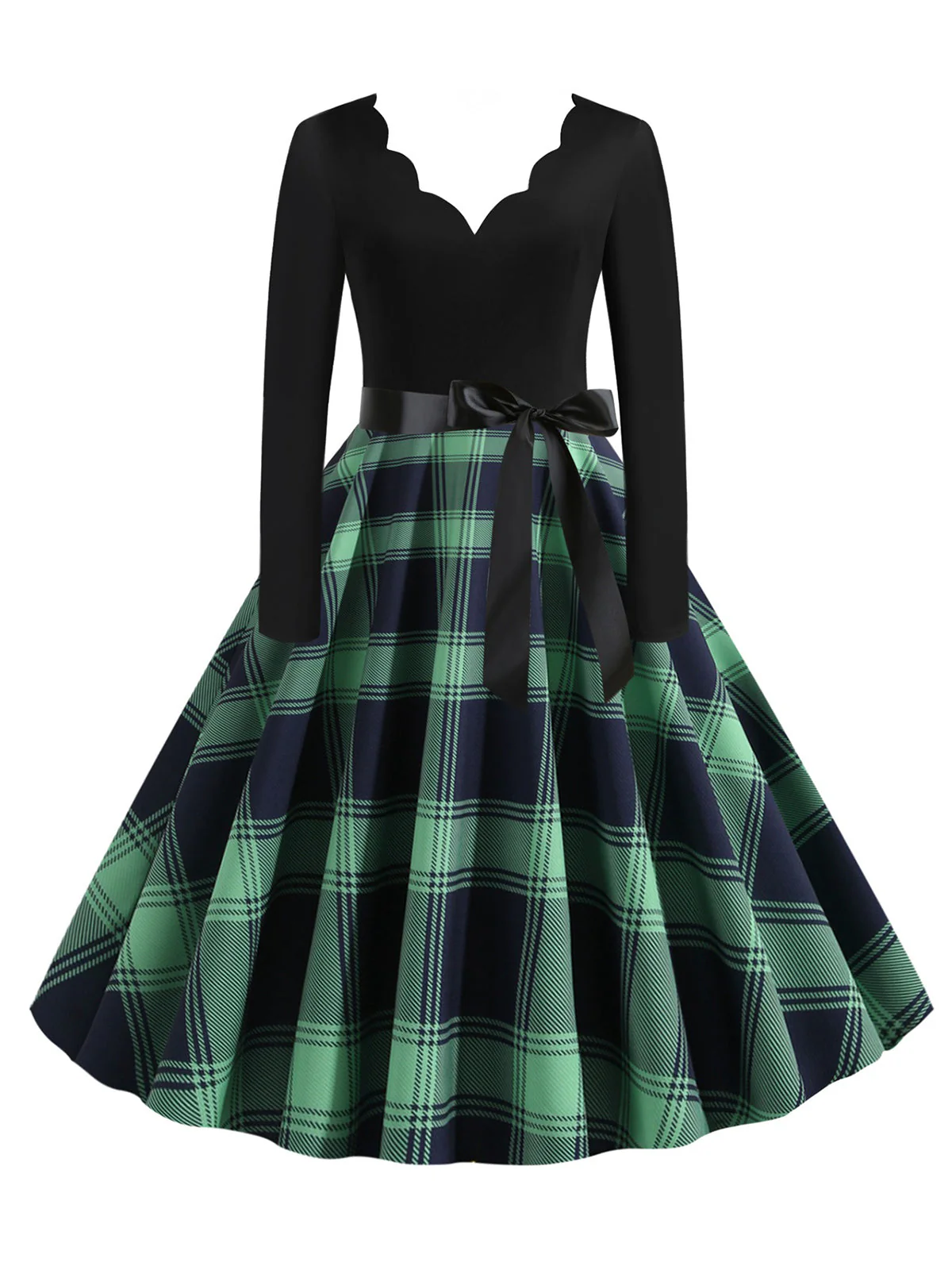 1950er V-Ausschnitt Langärmeliges Plaid Swing Kleid - Image 6
