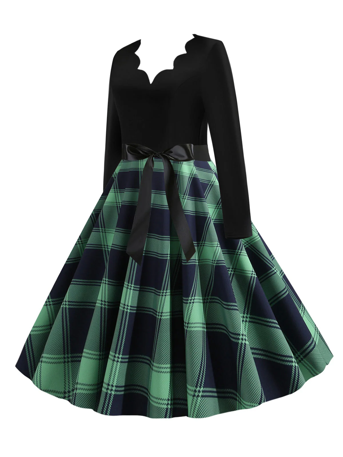 1950er V-Ausschnitt Langärmeliges Plaid Swing Kleid - Image 7