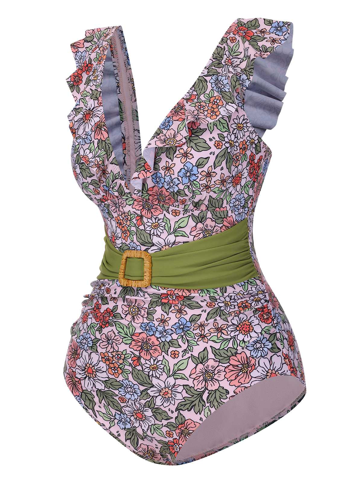 1950er V-Ausschnitt Rüschen-Schulter Gürtel Badeanzug - Image 2