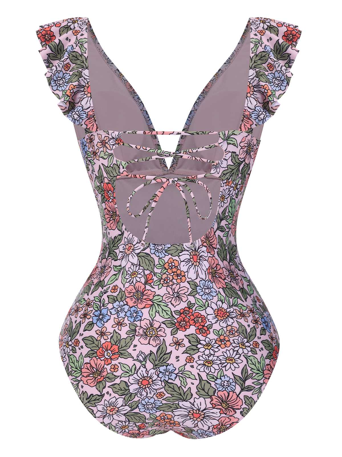 1950er V-Ausschnitt Rüschen-Schulter Gürtel Badeanzug - Image 3