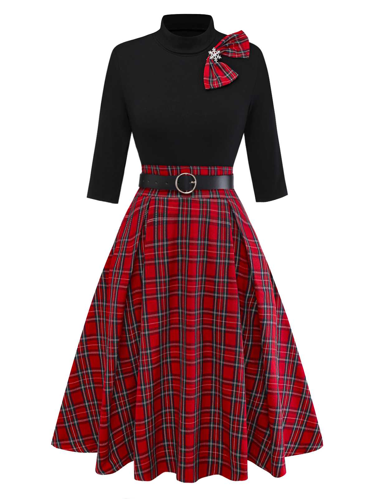 Rot 1950er Plaid Gürtel Kleid Mit Schneeflocke Brosche - Image 2