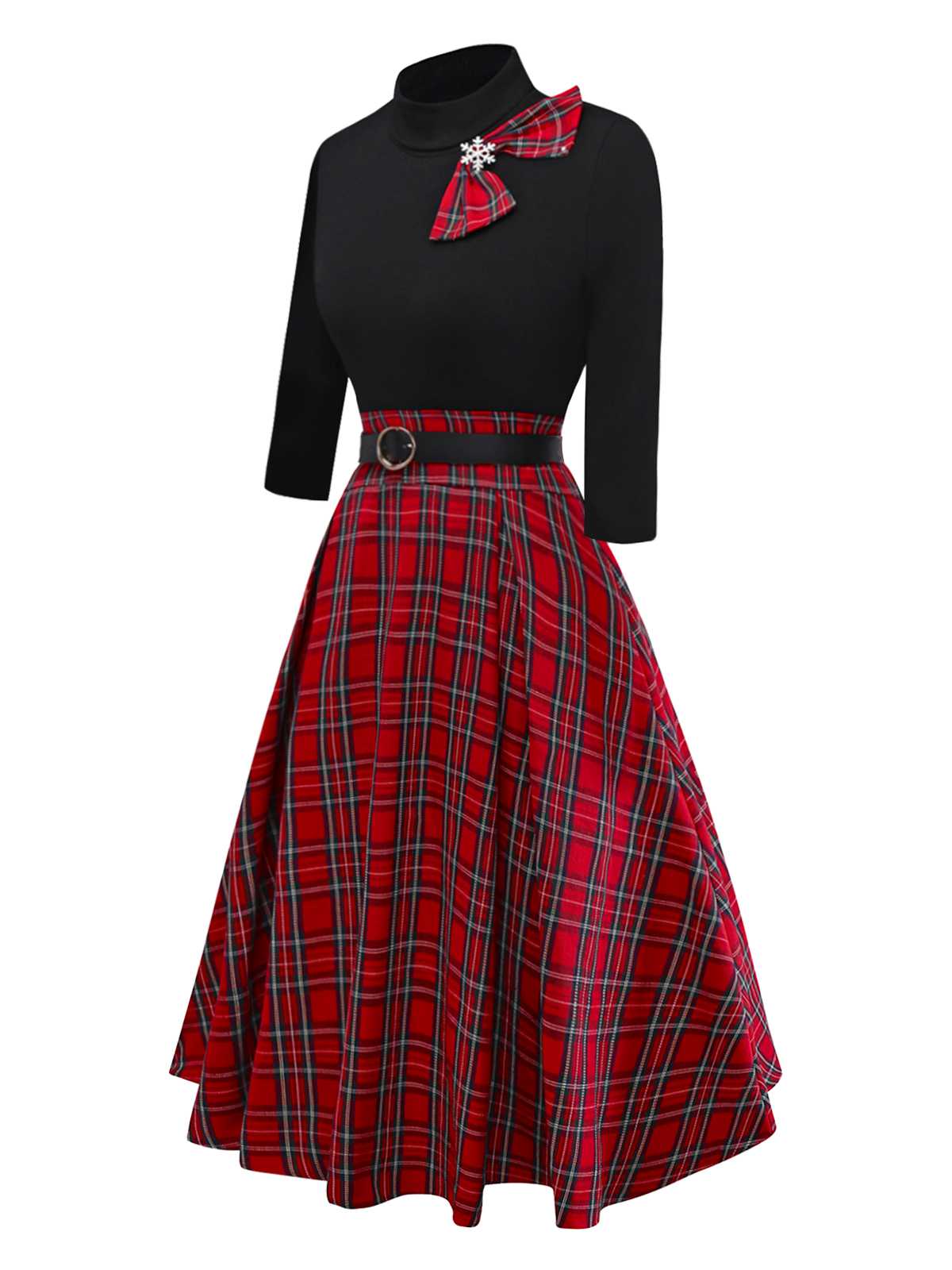 Rot 1950er Plaid Gürtel Kleid Mit Schneeflocke Brosche - Image 3