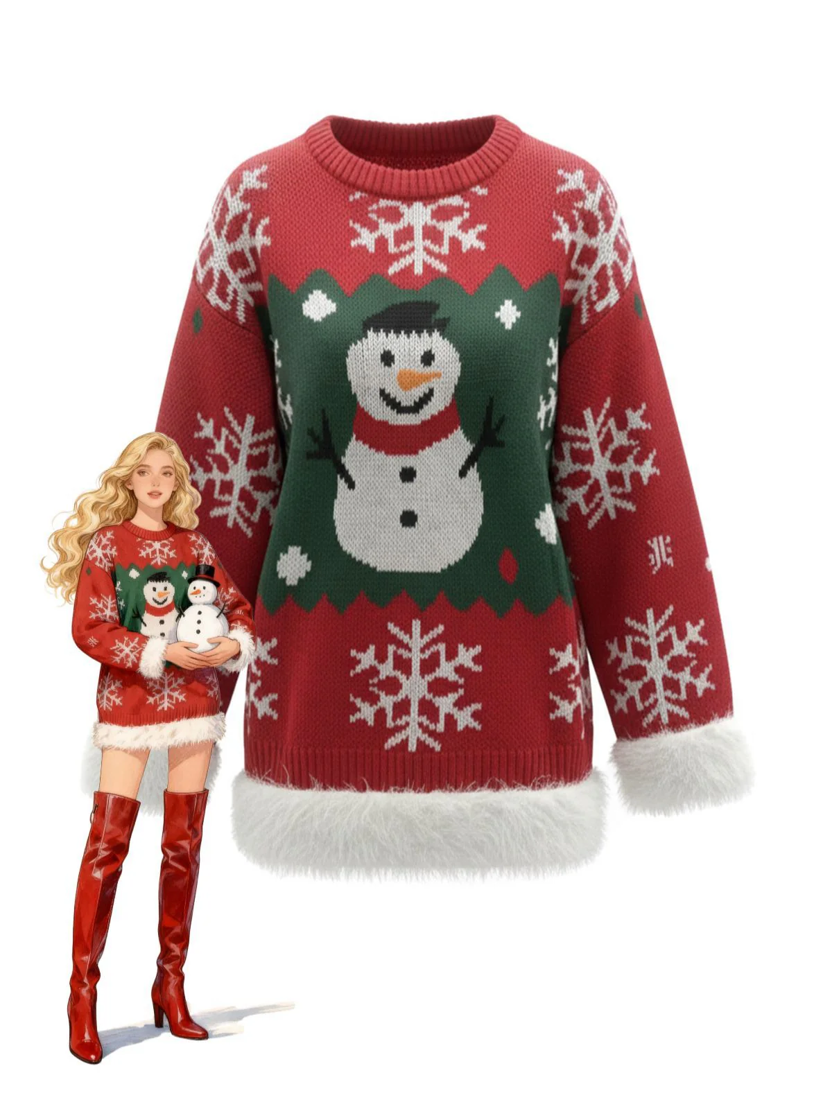 1950er Weihnachten Schneemann Plüschbesatz Pullover