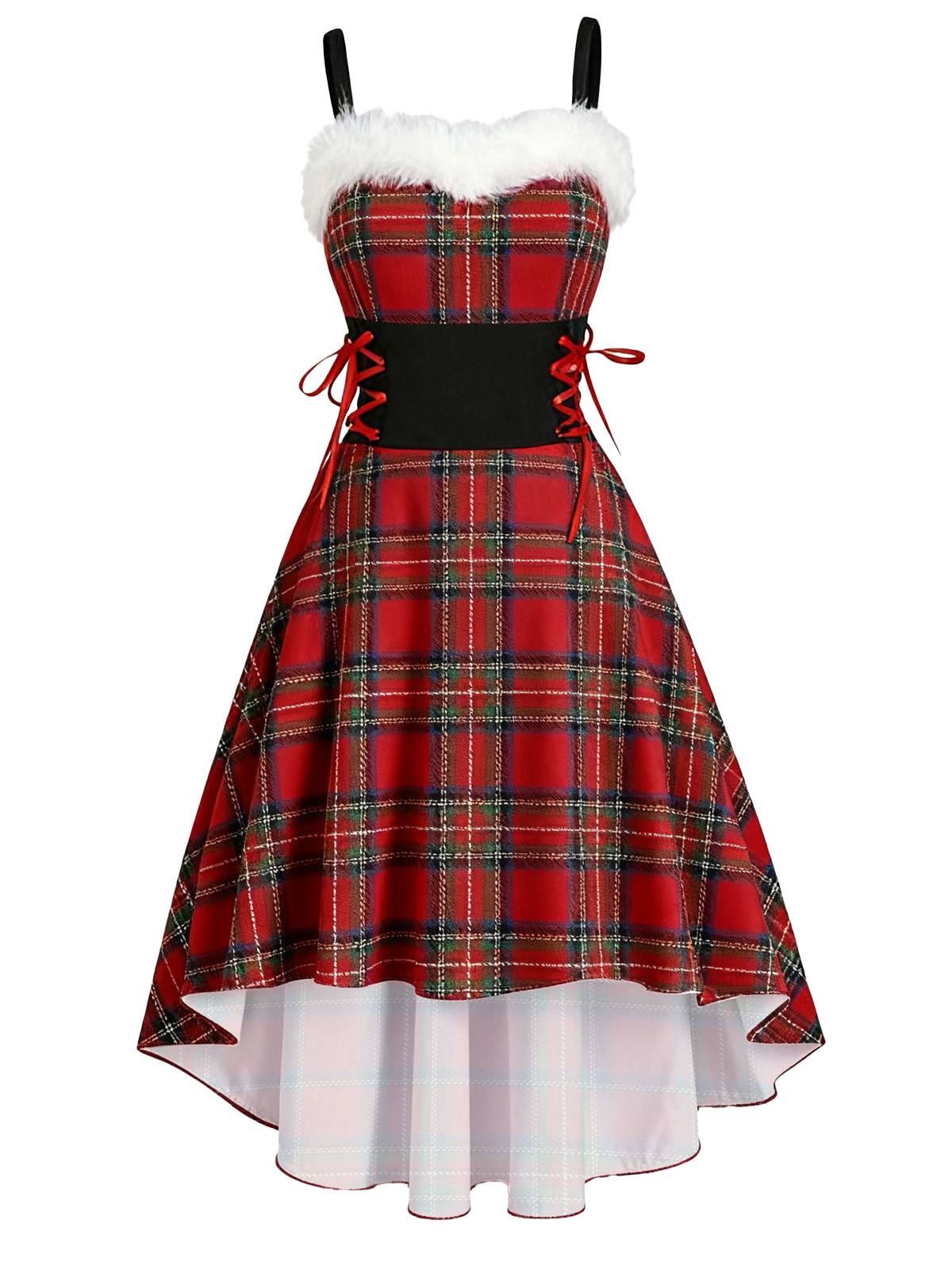 1950er Weihnachten Tartan Pelzbesatz High-Low Saum Kleid - Image 2