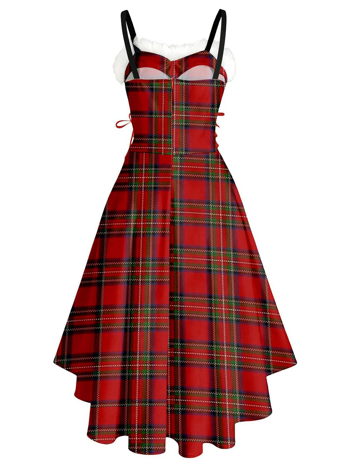 1950er Weihnachten Tartan Pelzbesatz High-Low Saum Kleid - Image 3
