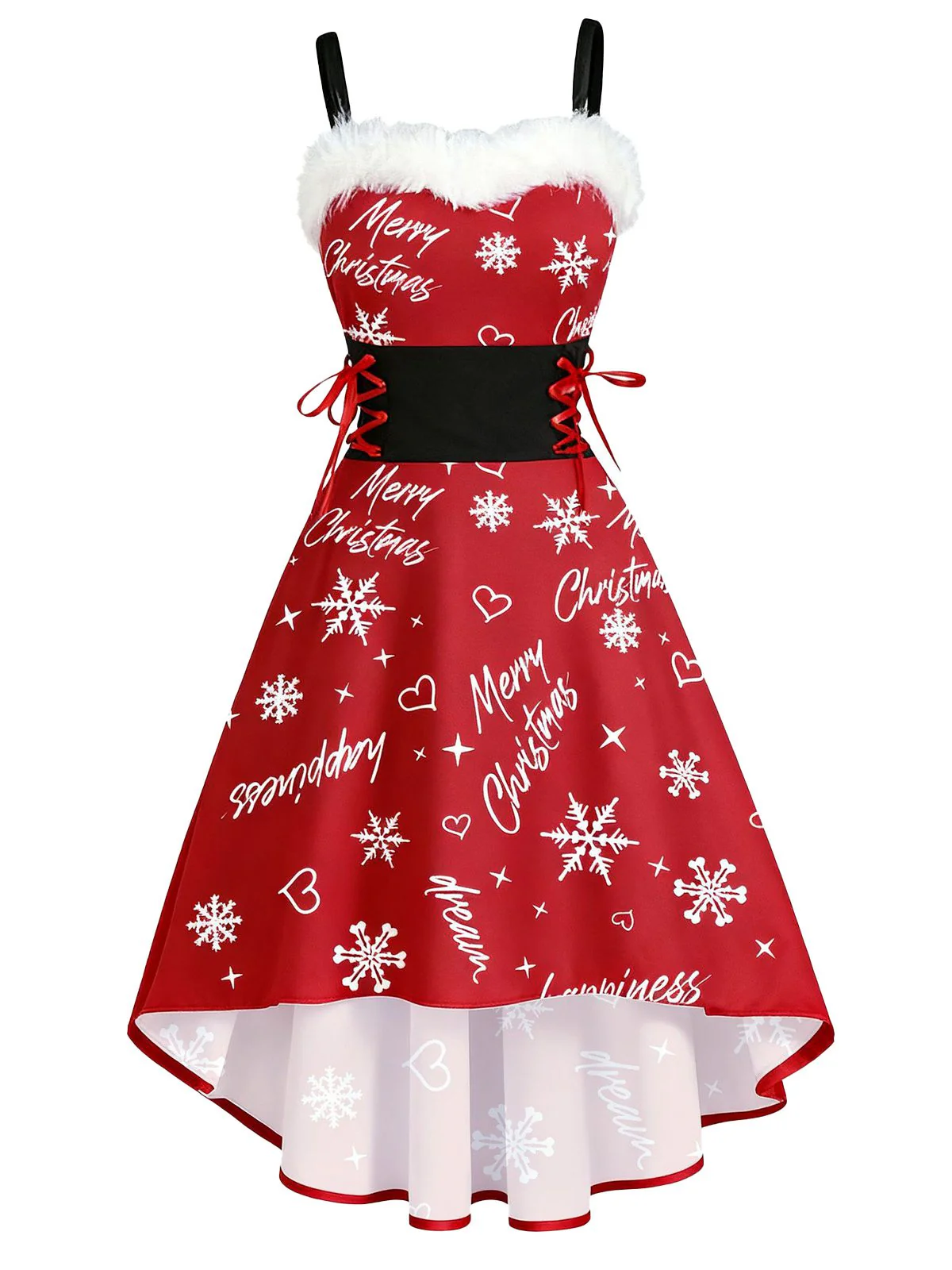 1950er Weihnachten Tartan Pelzbesatz High-Low Saum Kleid - Image 6