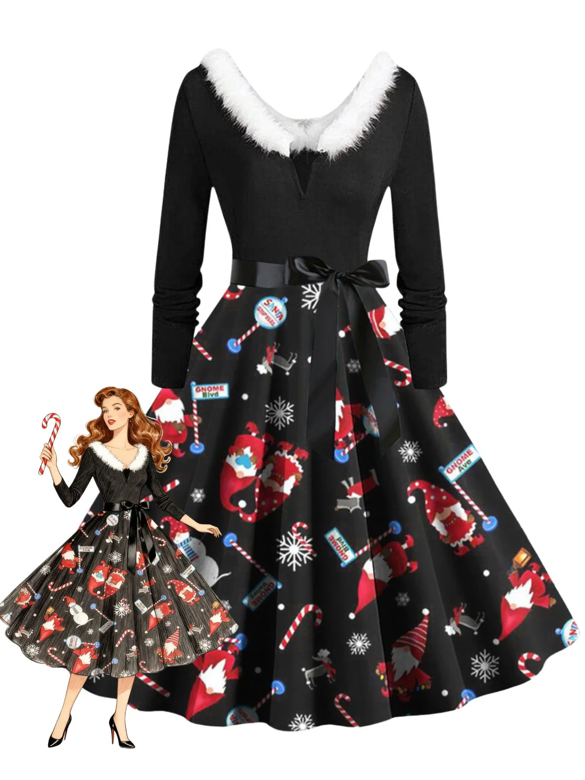 1950er Weihnachten V-Ausschnitt Pelzkragen Swing Kleid - Image 3