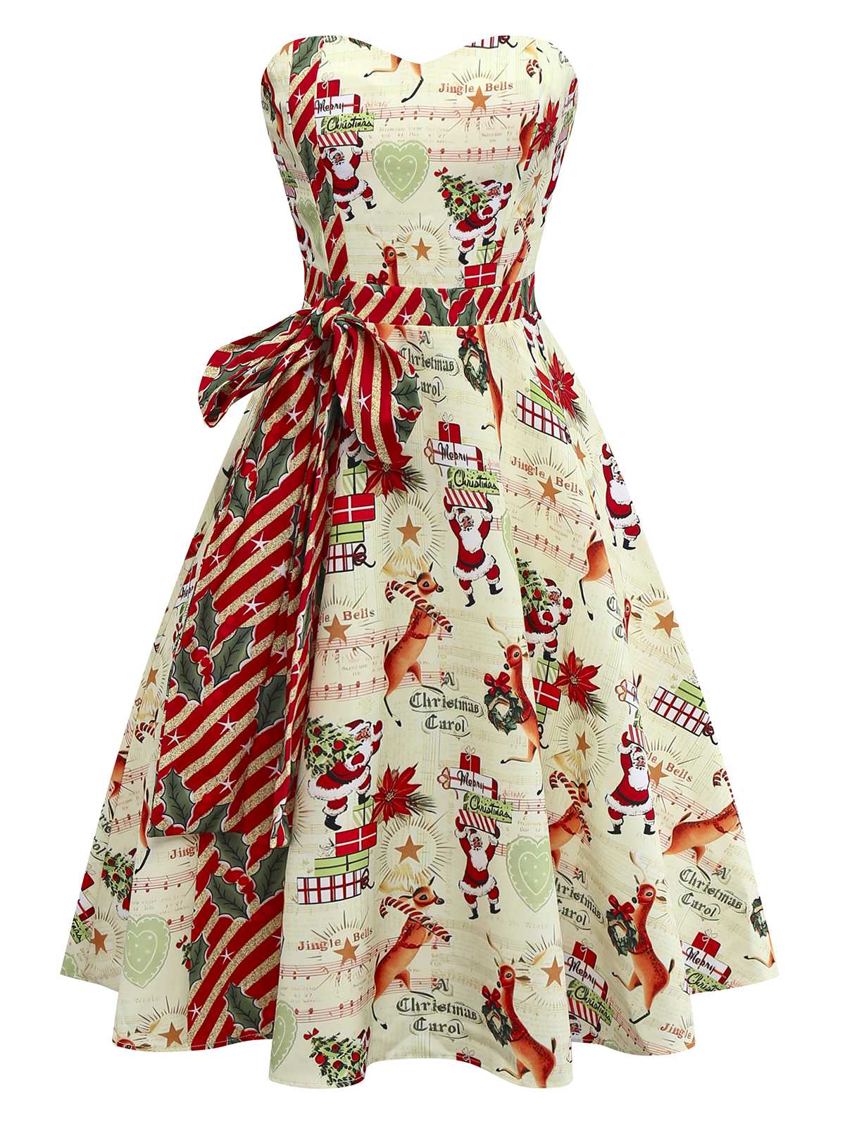1950er Weihnachten Zuckerstange Santa Bogen Trägerlos Kleid - Image 3
