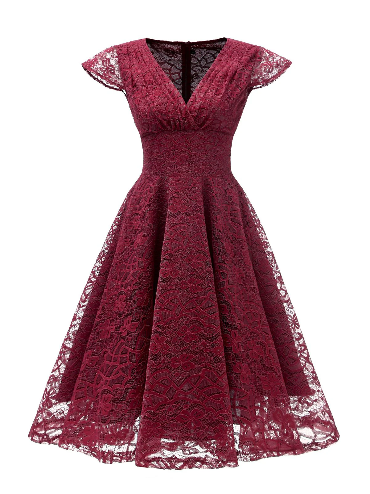 1950s Solides Kleid mit plissiertem V-Ausschnitt aus Spitze - Image 3