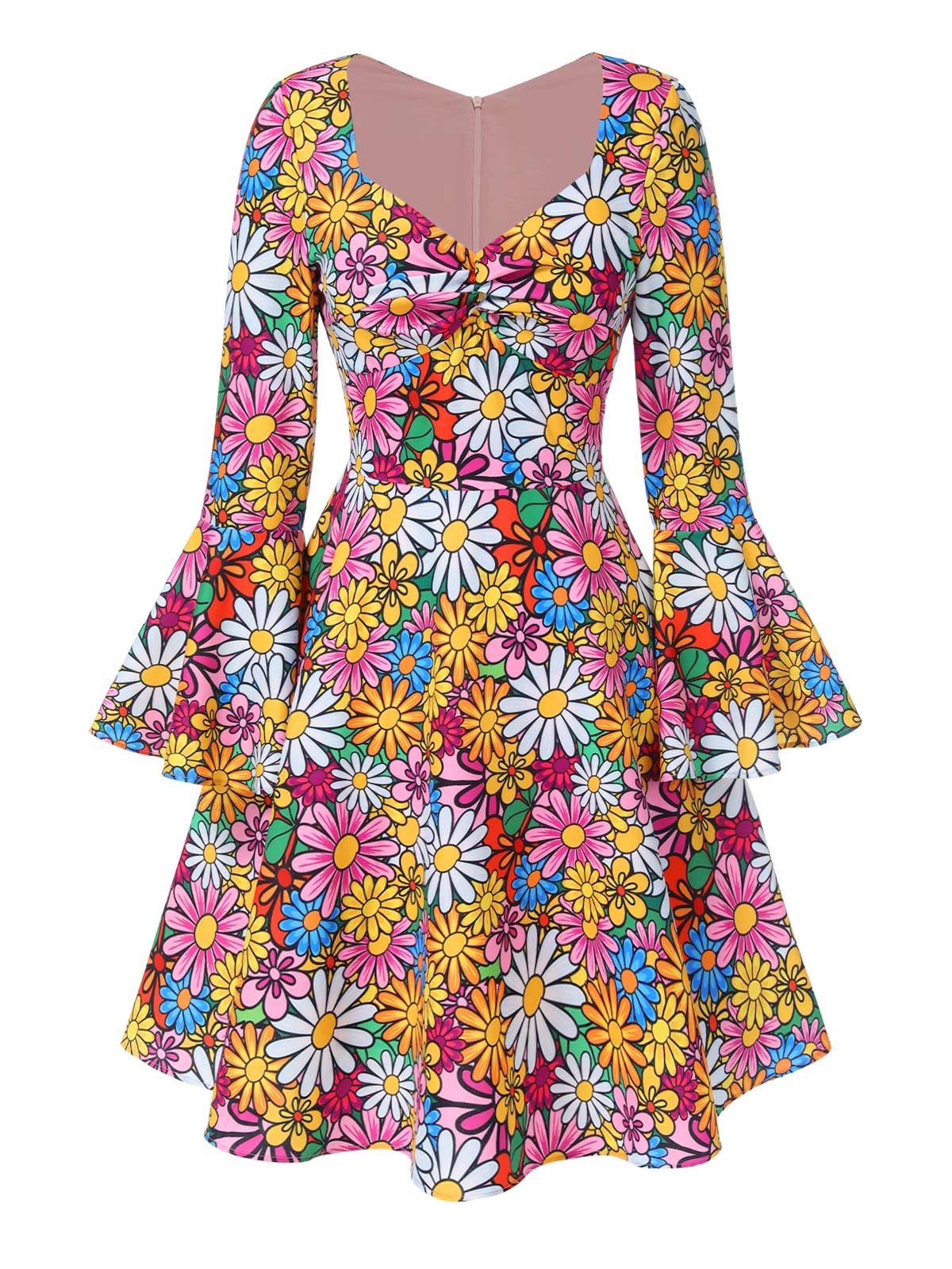 1960er Ausgestellte Ärmel Bunt Kleine Blumen Kleid - Image 3