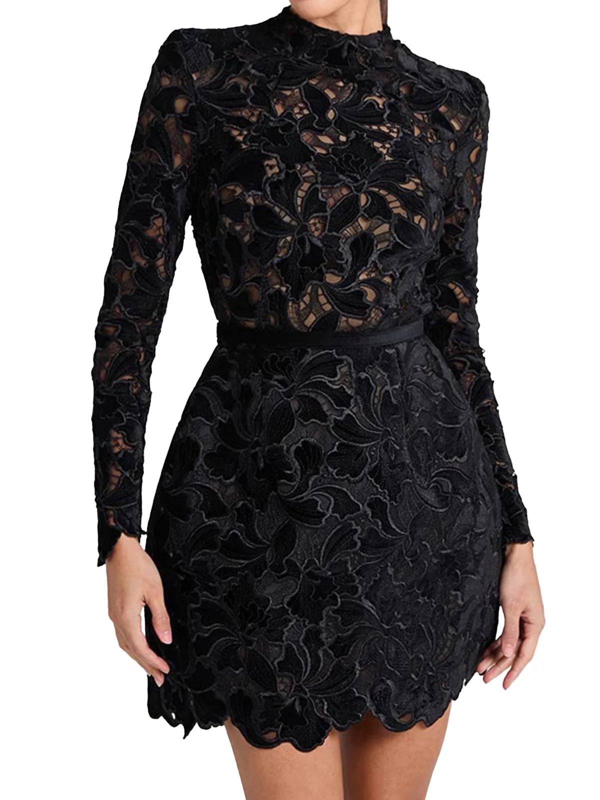 1960er Beflockt Blumen Spitze Halb Rollkragen Kleid - Image 2