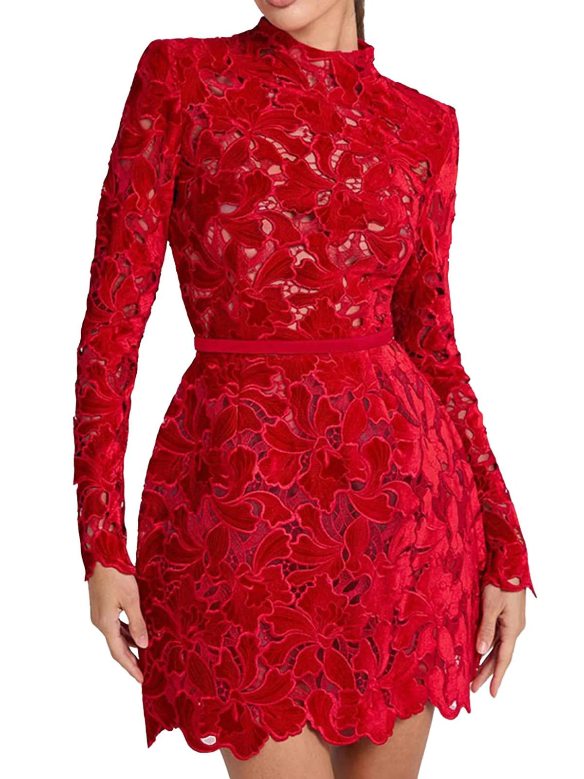 1960er Beflockt Blumen Spitze Halb Rollkragen Kleid - Image 4