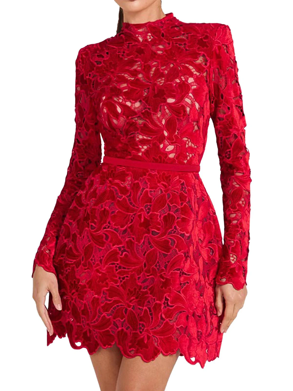 1960er Beflockt Blumen Spitze Halb Rollkragen Kleid - Image 5