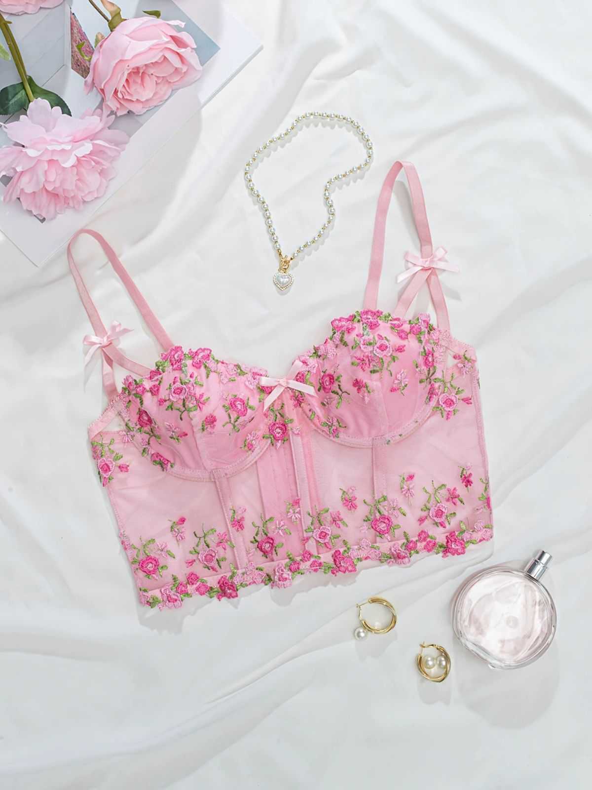 1960er Blumen Bestickt Bogen Dessous mit Bügel - Image 10