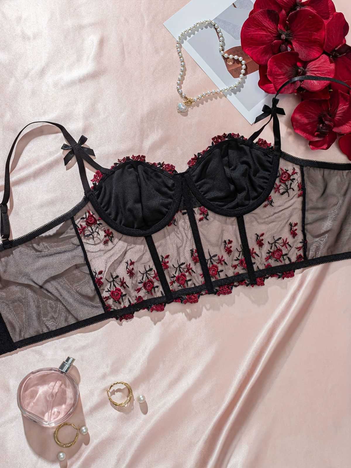 1960er Blumen Bestickt Bogen Dessous mit Bügel - Image 14