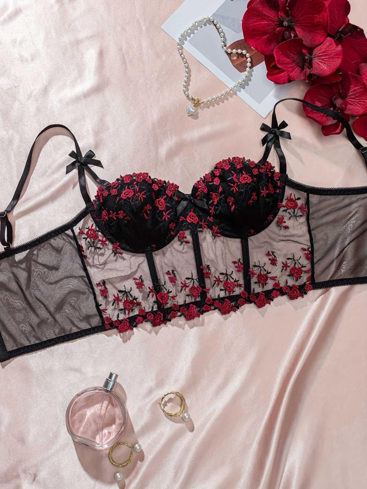 1960er Blumen Bestickt Bogen Dessous mit Bügel - Image 15