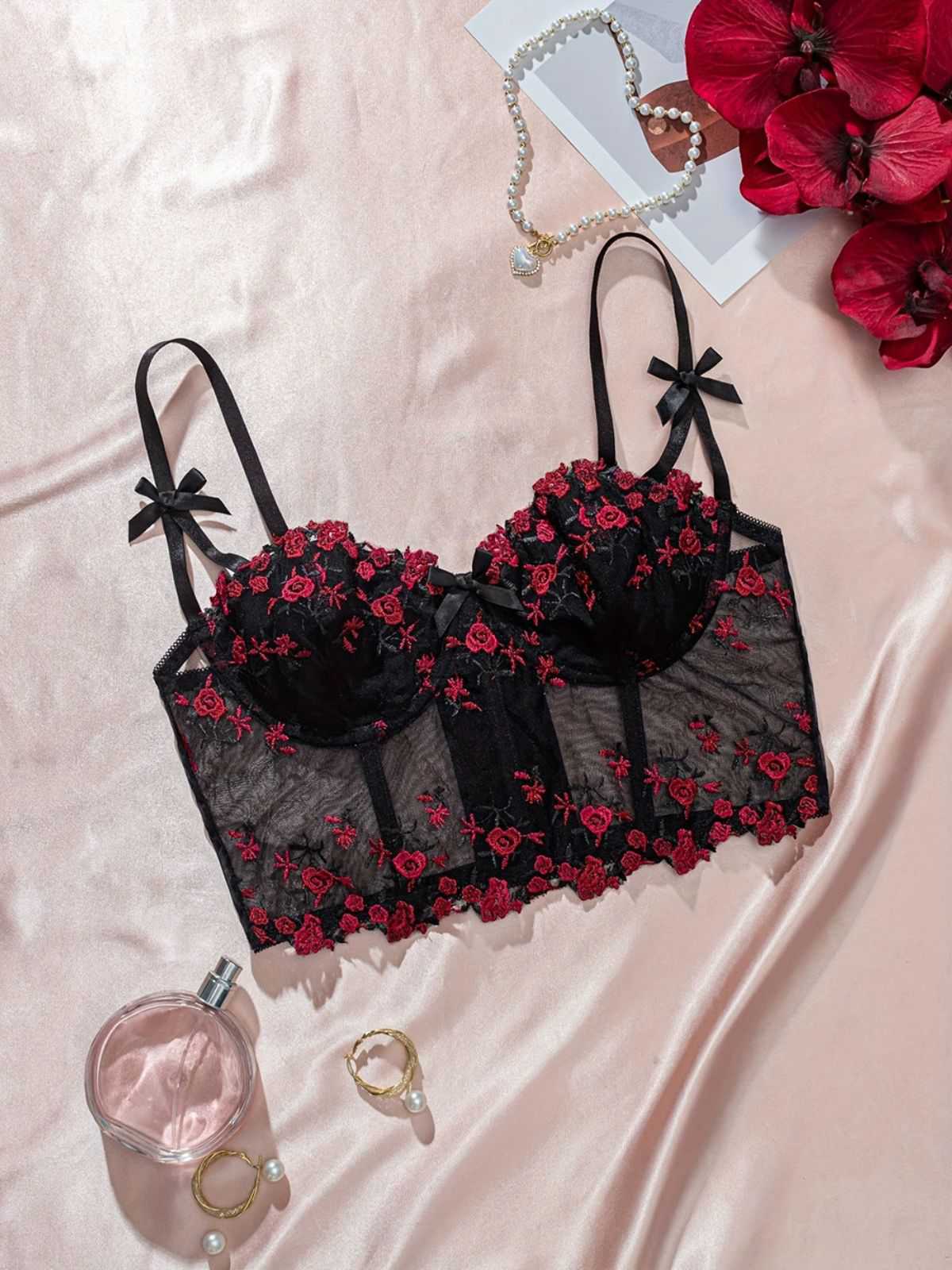 1960er Blumen Bestickt Bogen Dessous mit Bügel - Image 16