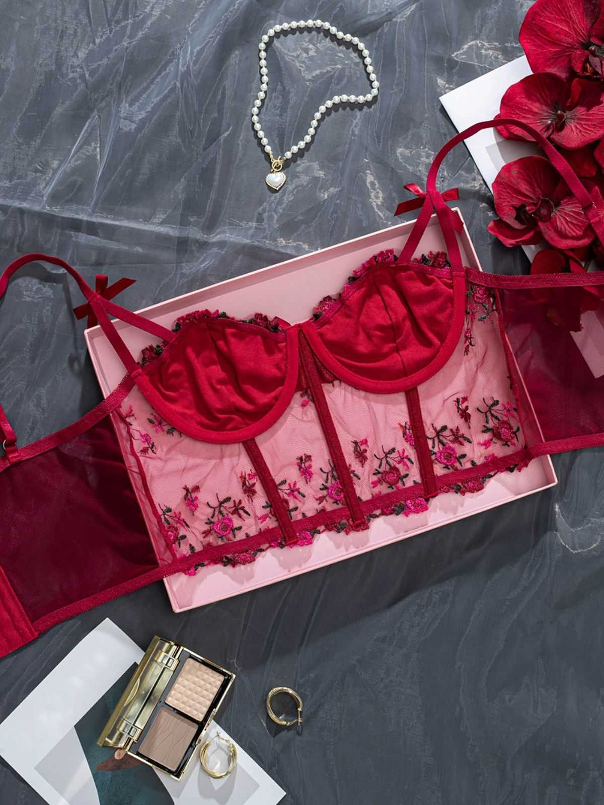 1960er Blumen Bestickt Bogen Dessous mit Bügel - Image 2
