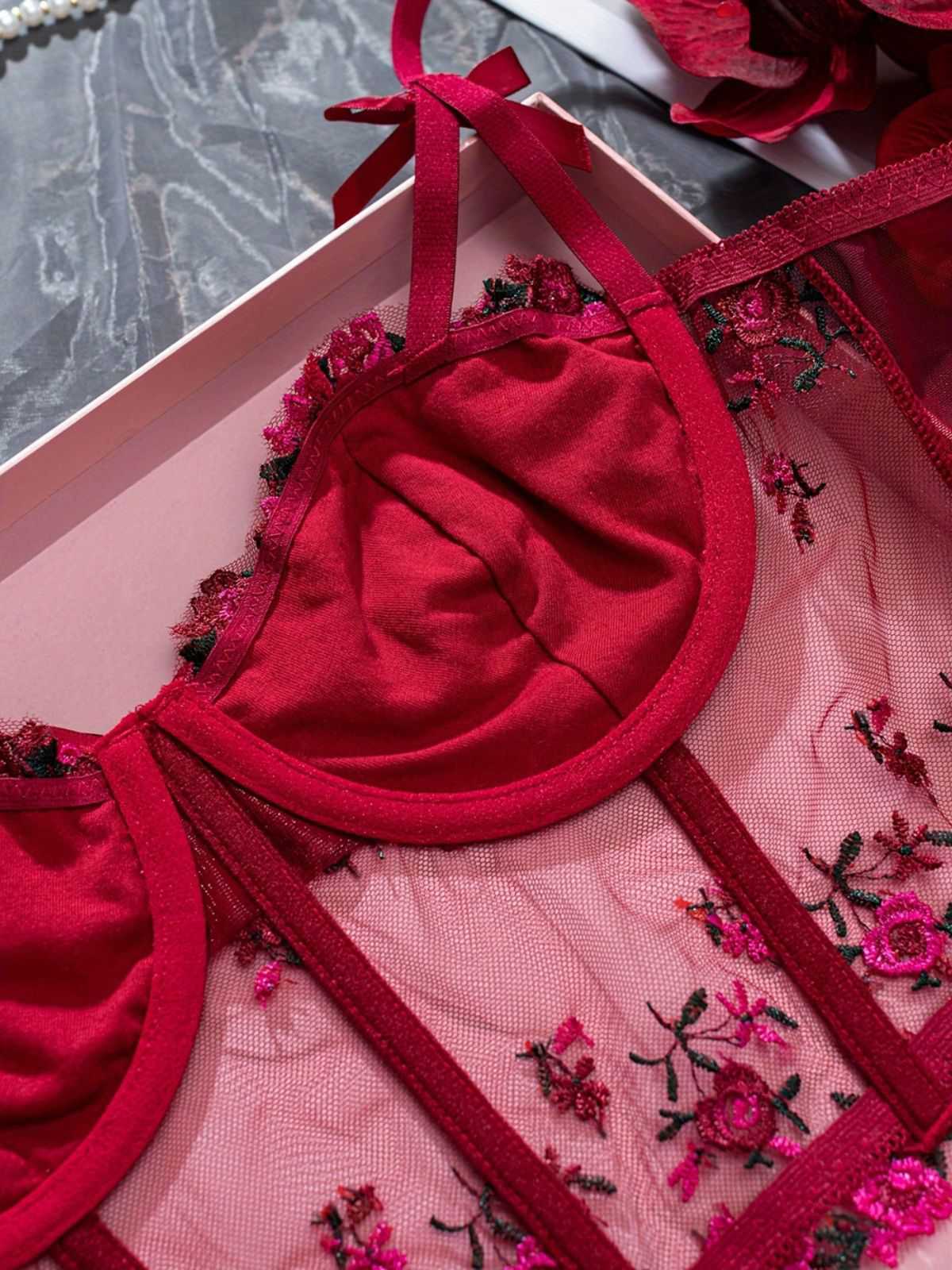 1960er Blumen Bestickt Bogen Dessous mit Bügel - Image 5