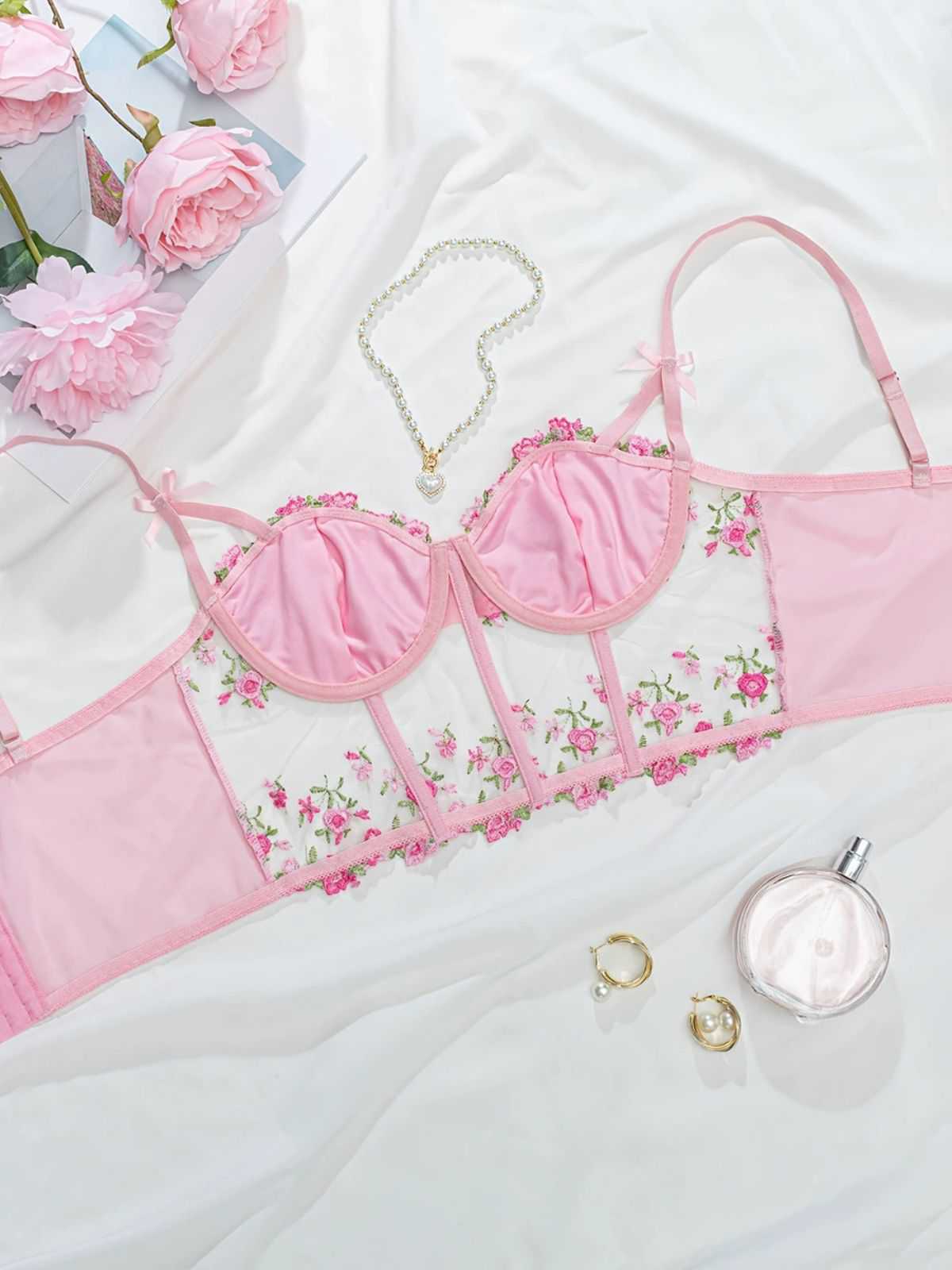 1960er Blumen Bestickt Bogen Dessous mit Bügel - Image 8
