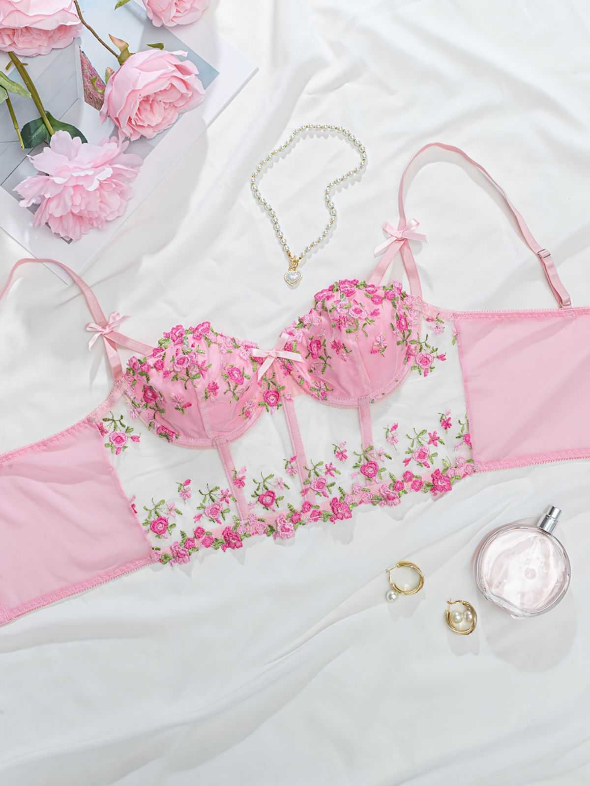 1960er Blumen Bestickt Bogen Dessous mit Bügel - Image 9