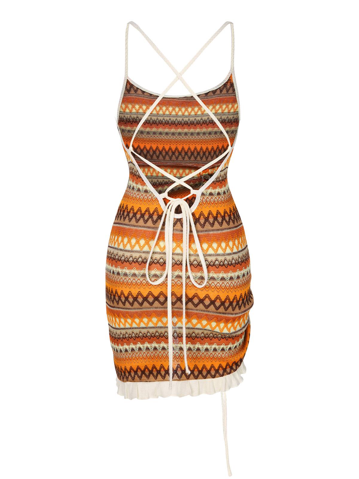 Multicolor 1960er Bohemian Kordelzug Strick Träger Kleid - Image 3