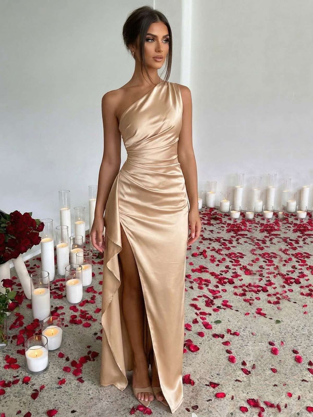 1960er Eine Schulter Gerüscht Schlitz Satin Kleid - Image 10