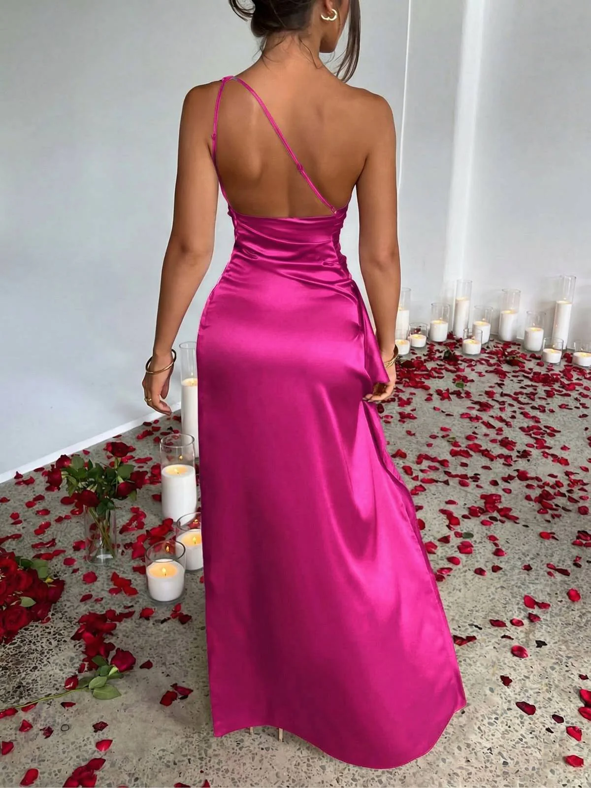 1960er Eine Schulter Gerüscht Schlitz Satin Kleid - Image 14