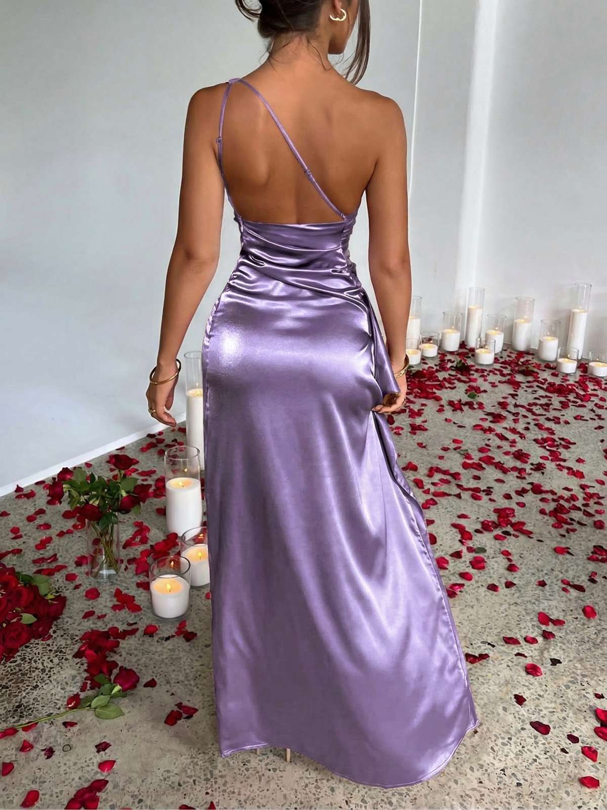 1960er Eine Schulter Gerüscht Schlitz Satin Kleid - Image 7