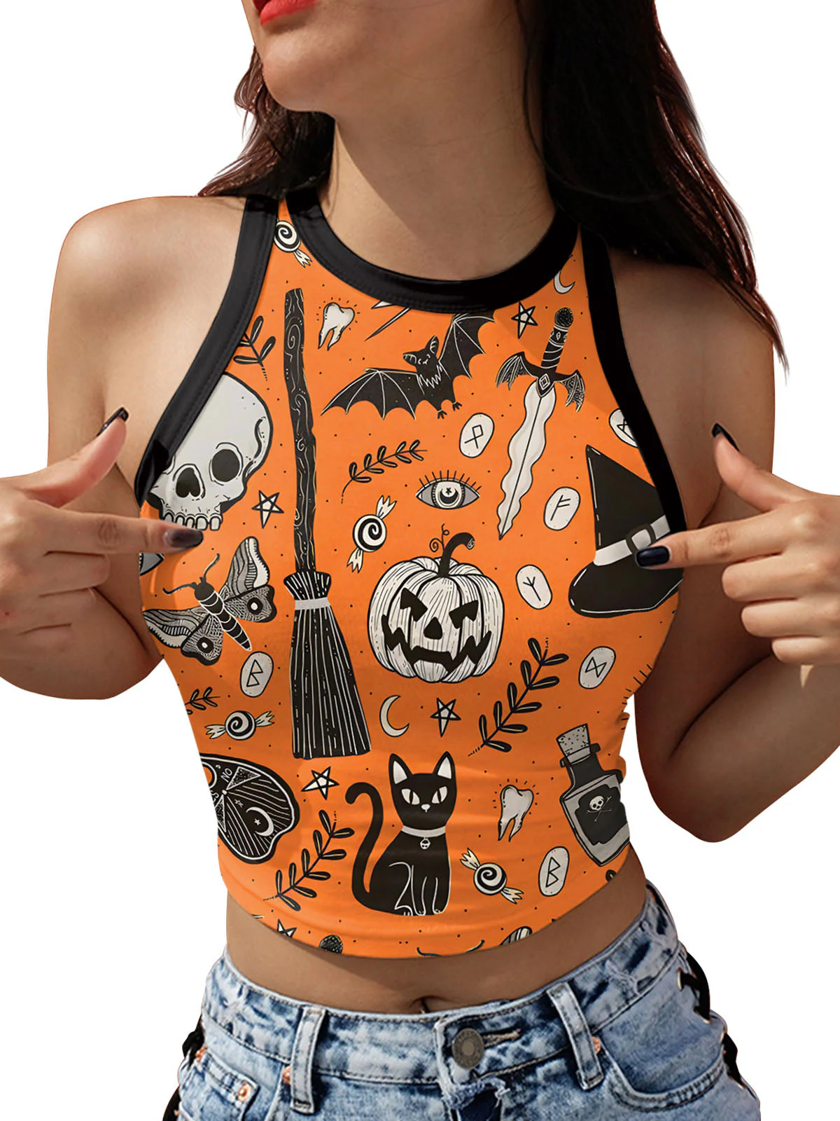 1960er Halloween Totenkopf Kürbis Ärmellos Crop Top - Image 3