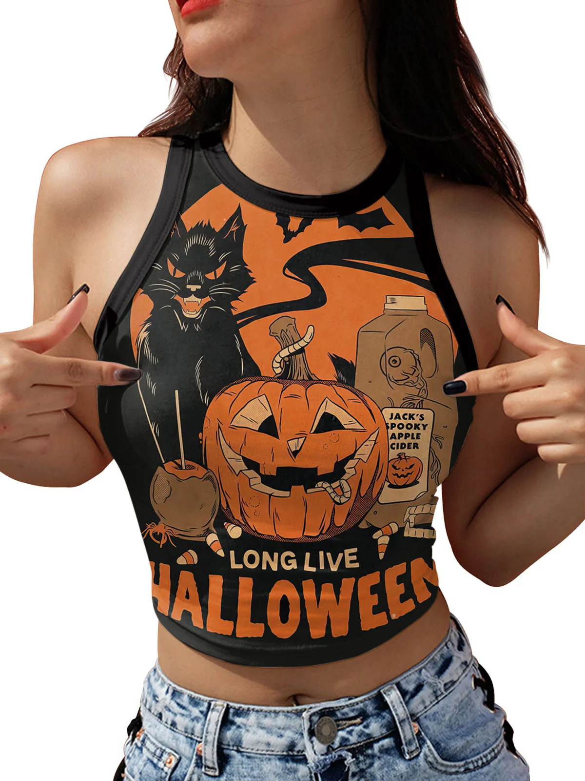 1960er Halloween Totenkopf Kürbis Ärmellos Crop Top - Image 5