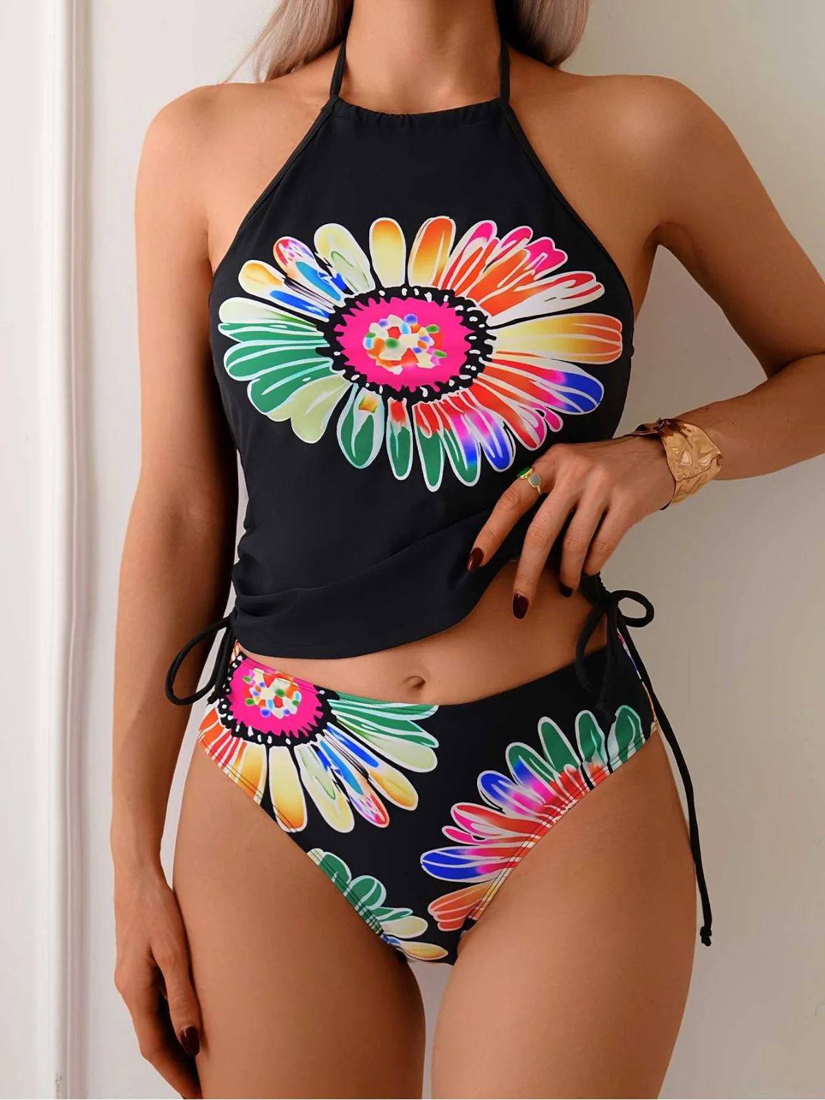 1960er Halter Neon Daisy Schnürung Tankini Set - Image 4