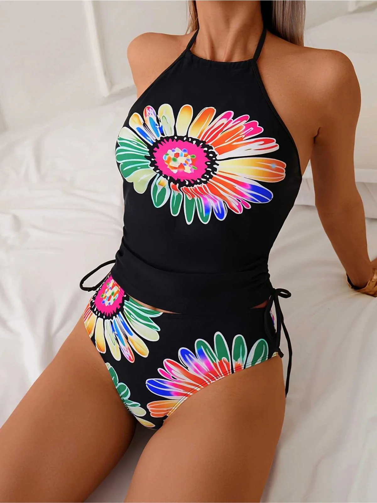 1960er Halter Neon Daisy Schnürung Tankini Set - Image 5