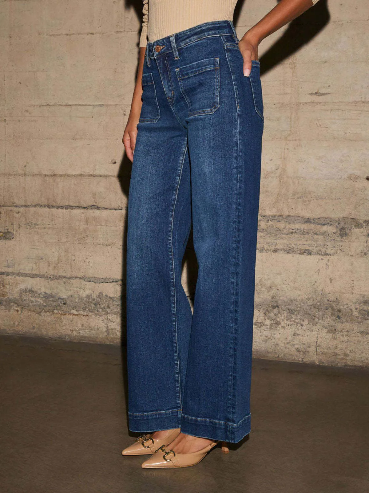 1960er Hohe Taille Weites Bein Patch Tasche Jeans - Image 2