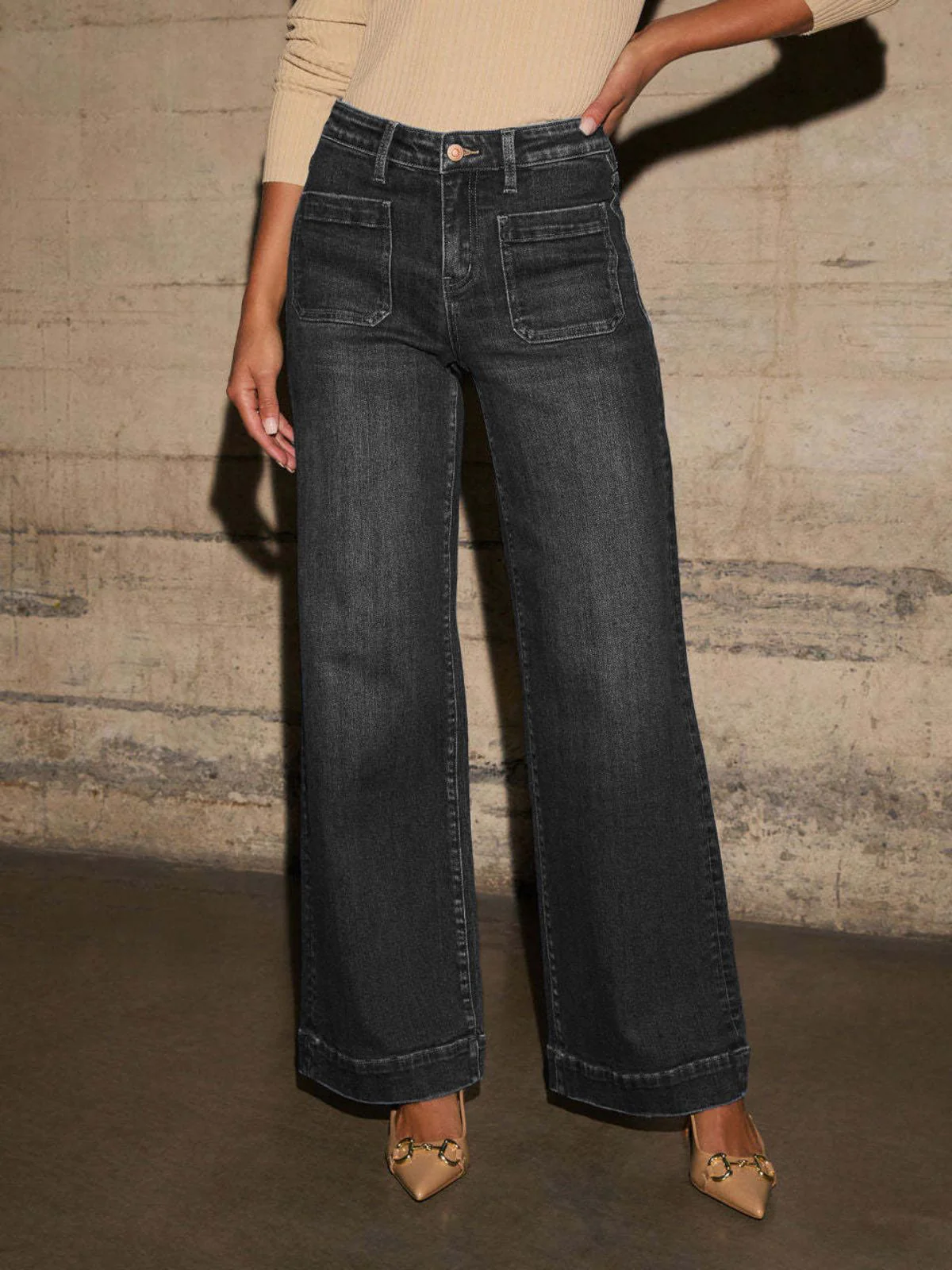 1960er Hohe Taille Weites Bein Patch Tasche Jeans - Image 4