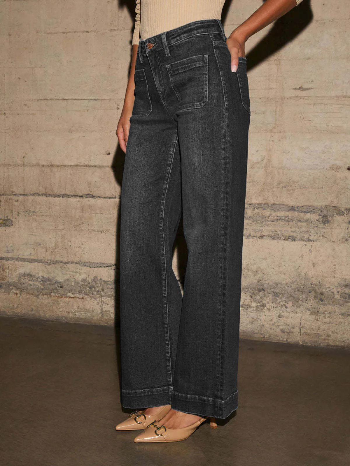 1960er Hohe Taille Weites Bein Patch Tasche Jeans - Image 5
