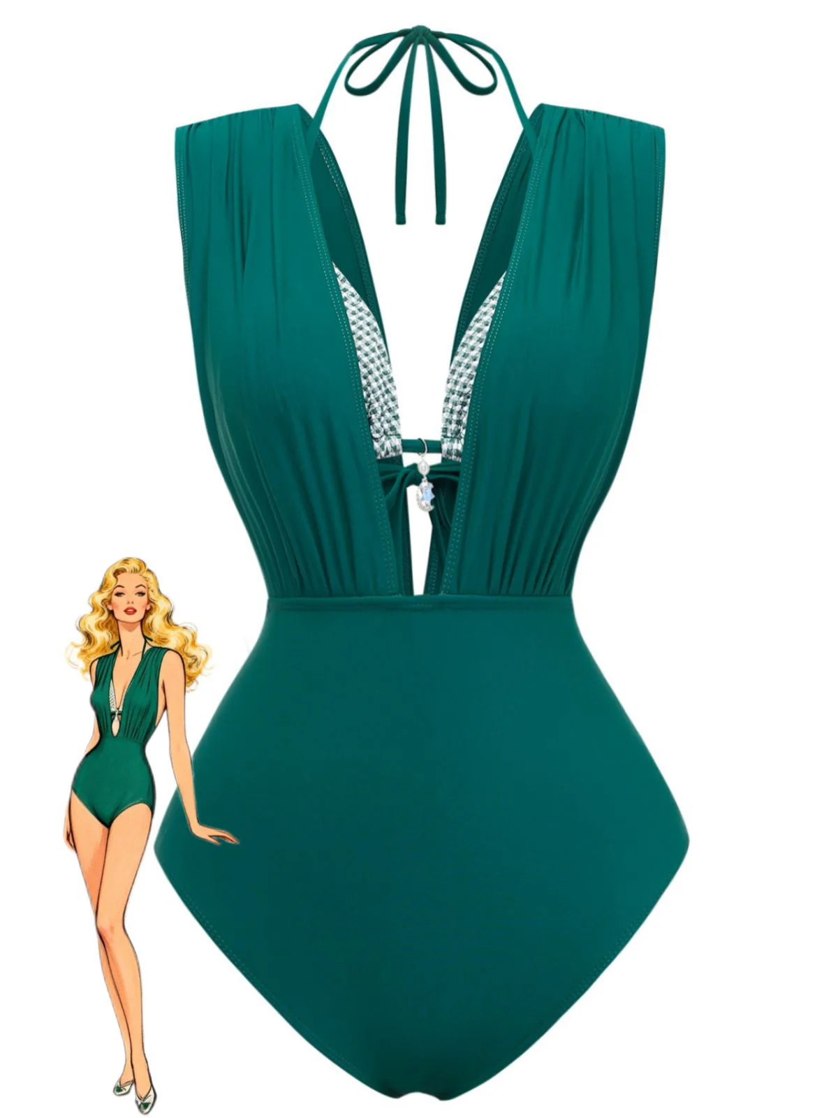 1960er Kariert Halter Bikini Top & Tief-V Ruched Badeanzug