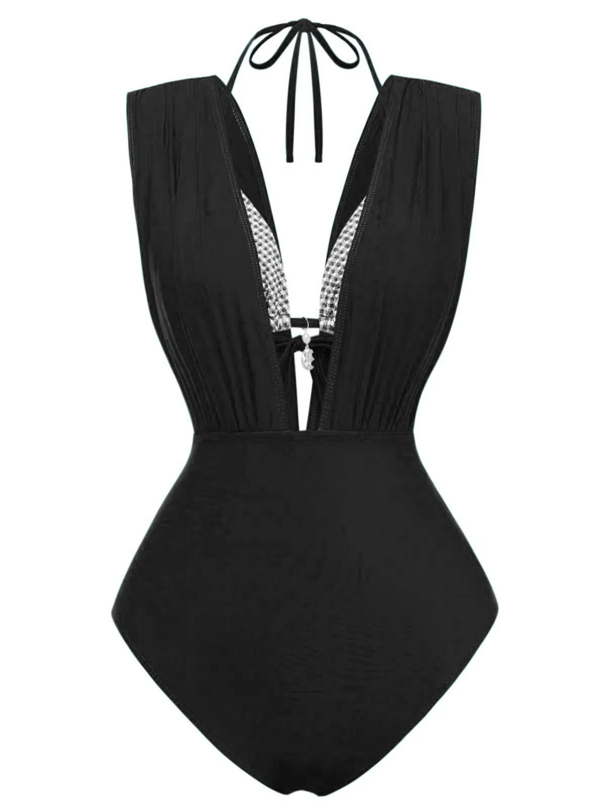 1960er Kariert Halter Bikini Top & Tief-V Ruched Badeanzug - Image 10