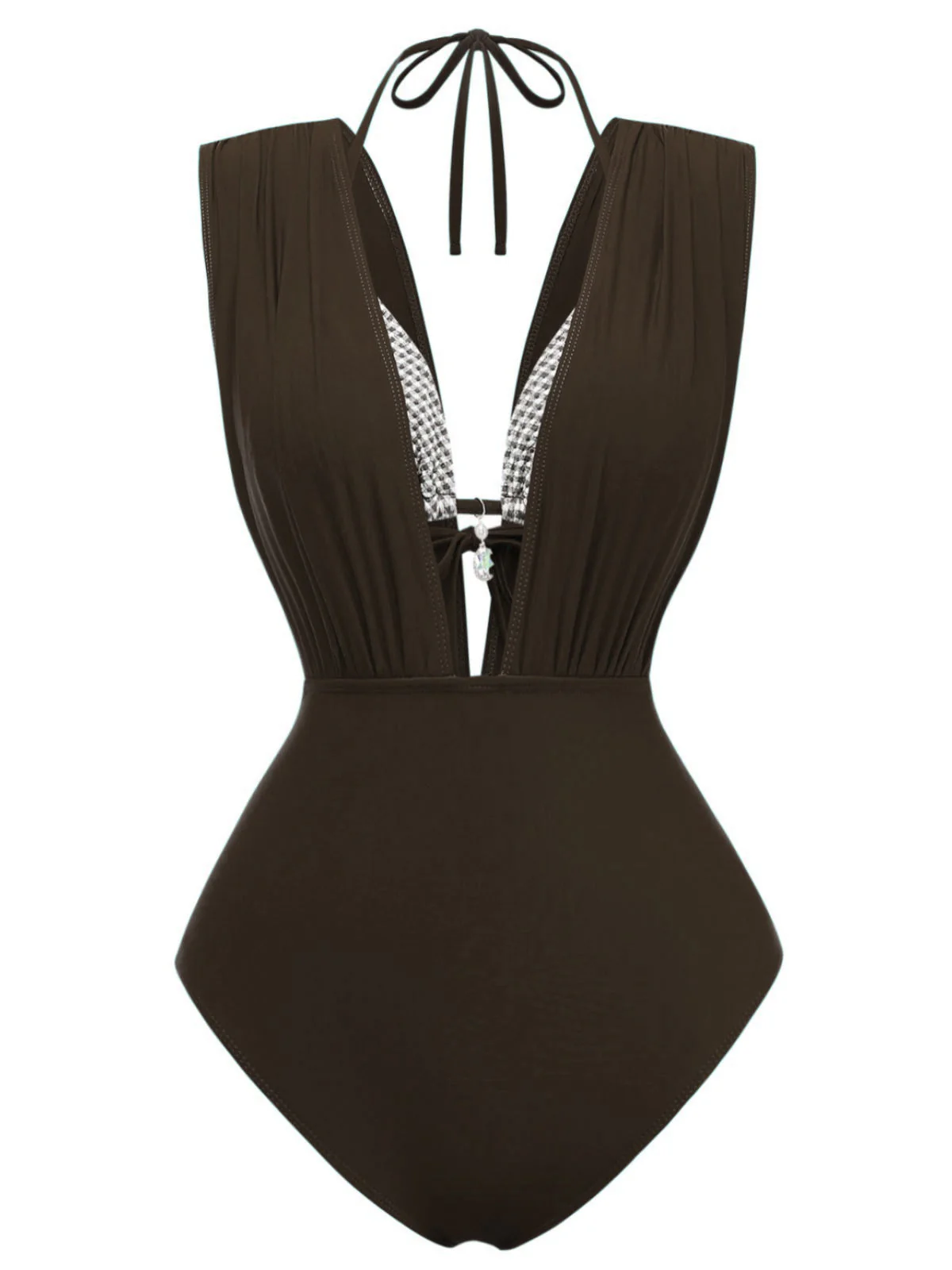 1960er Kariert Halter Bikini Top & Tief-V Ruched Badeanzug - Image 12