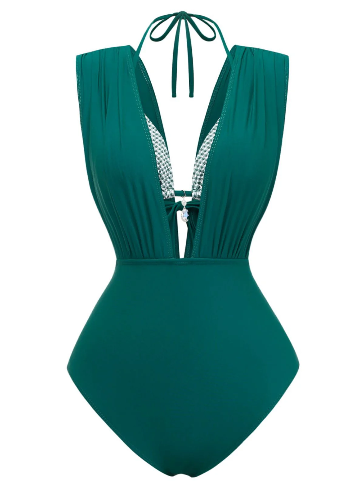 1960er Kariert Halter Bikini Top & Tief-V Ruched Badeanzug - Image 2