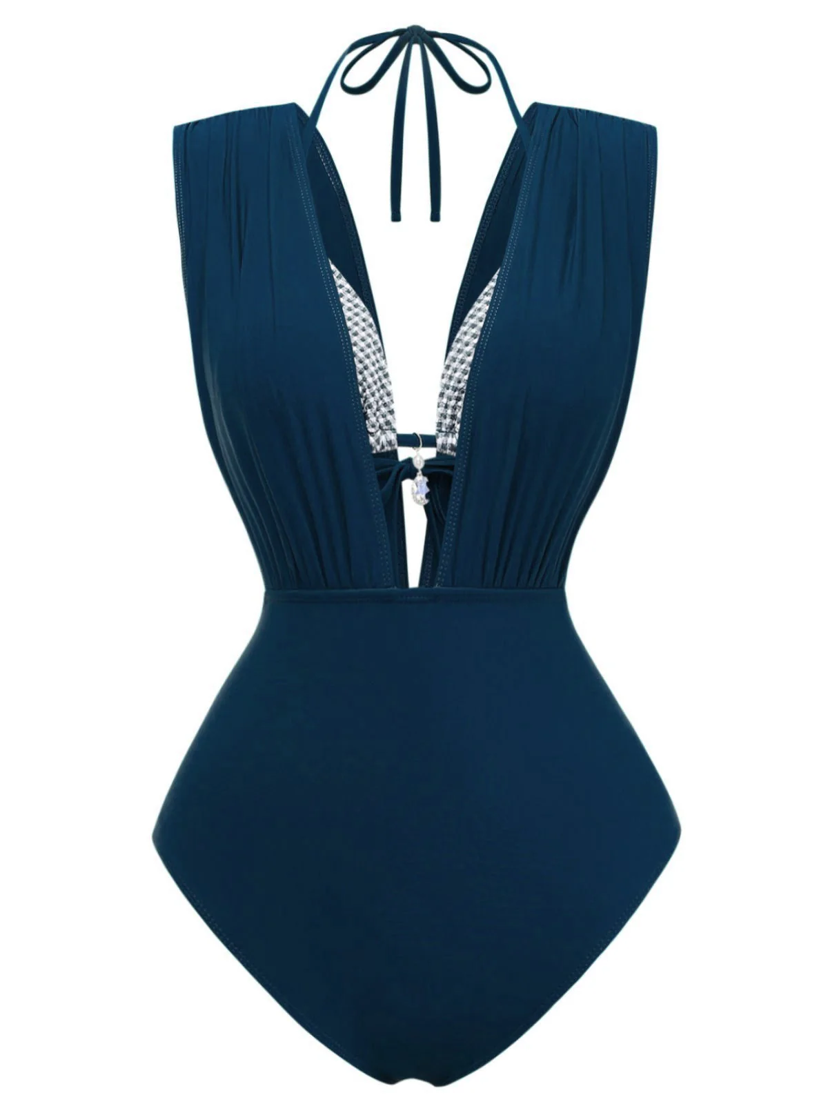 1960er Kariert Halter Bikini Top & Tief-V Ruched Badeanzug - Image 8
