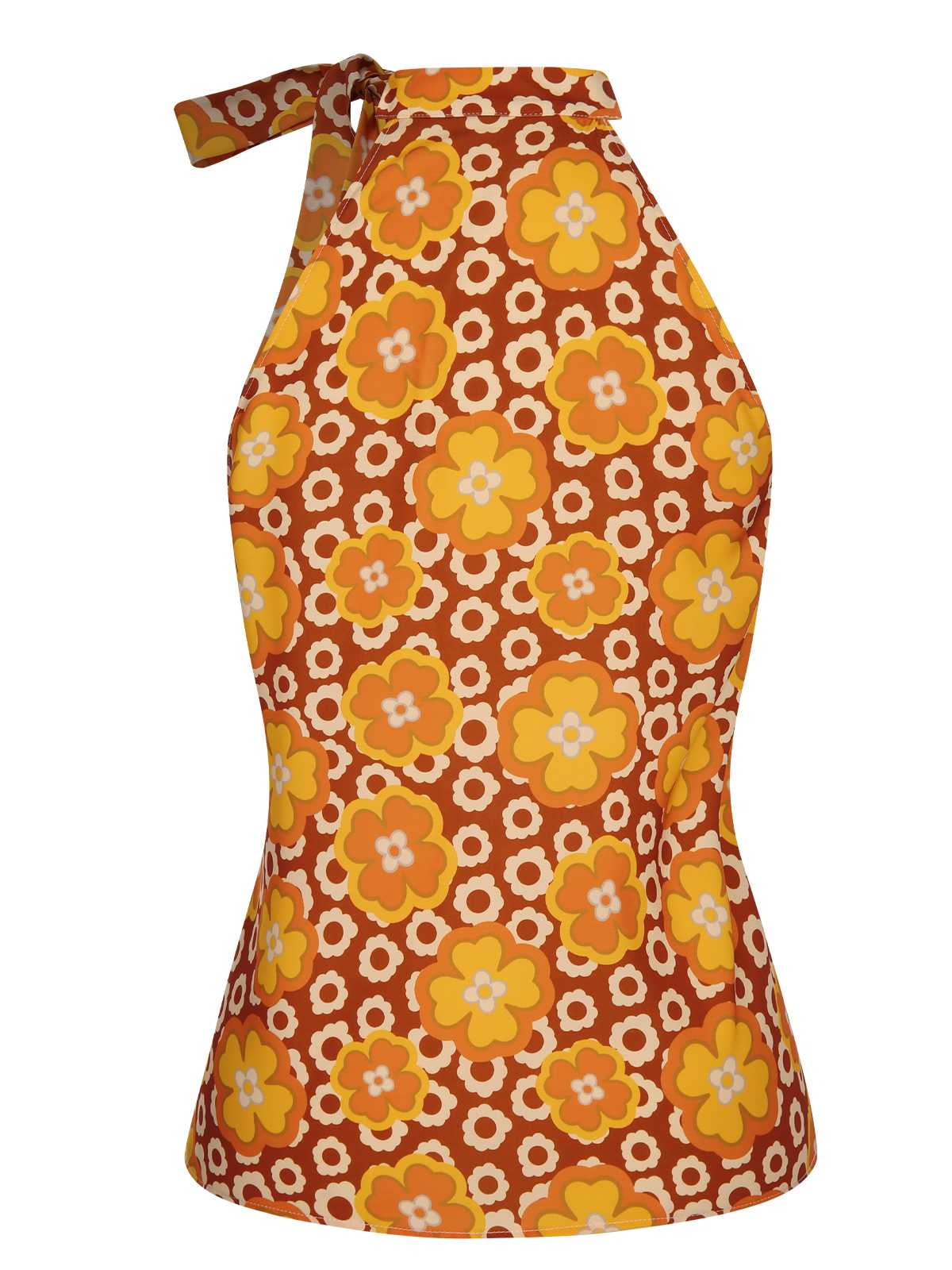Orange Rot 1960er Krawattenkragen Blumen Ärmellos Top - Image 4