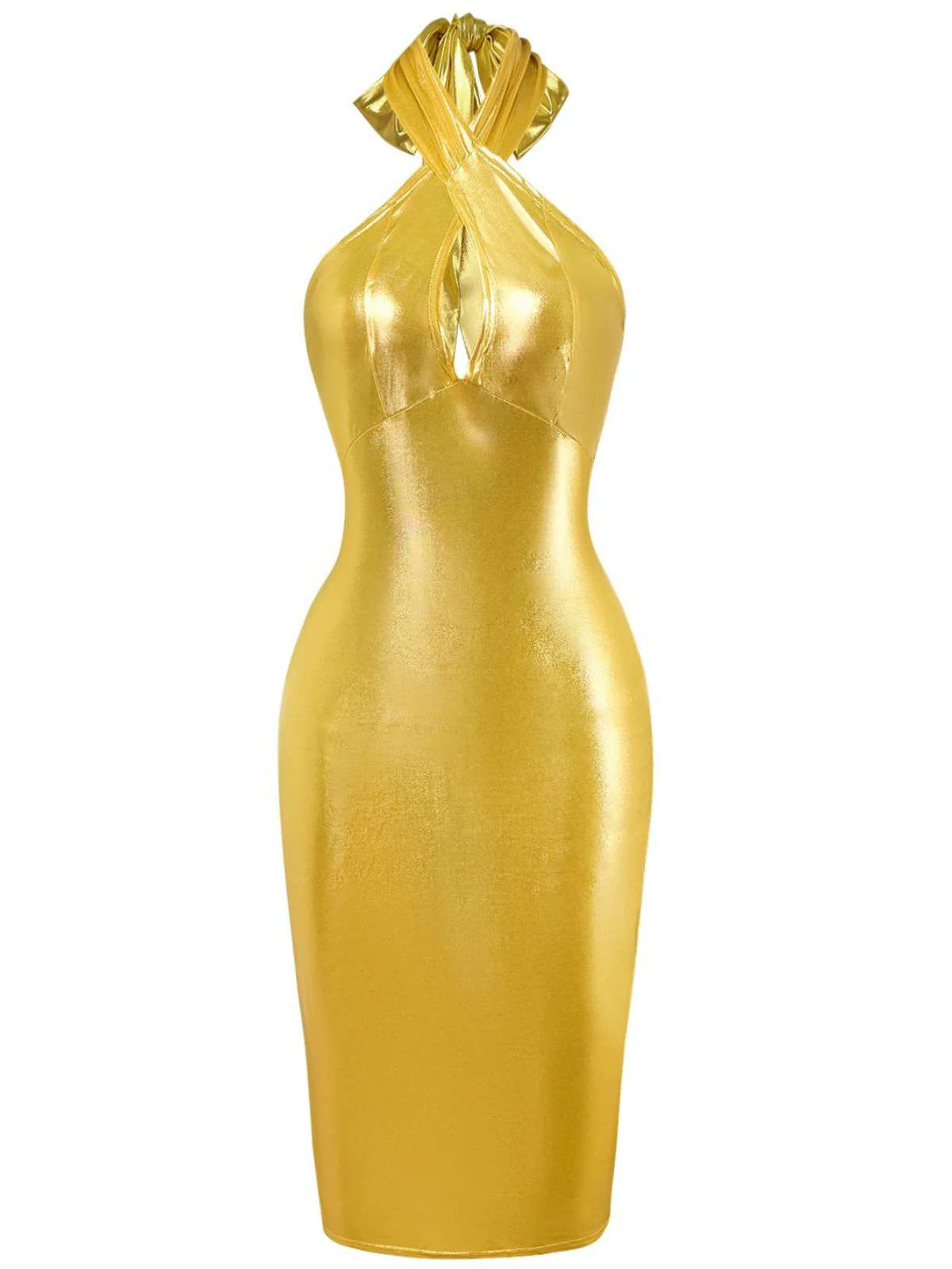 1960er Metallisch Halter Schlüsselloch Figurbetontes Kleid - Image 3