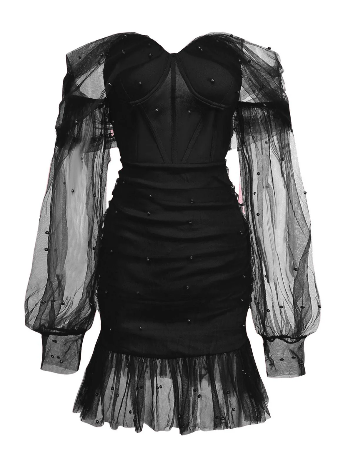 1960er Perlen Herzförmiger Hals Schulterfrei Netz Kleid - Image 6
