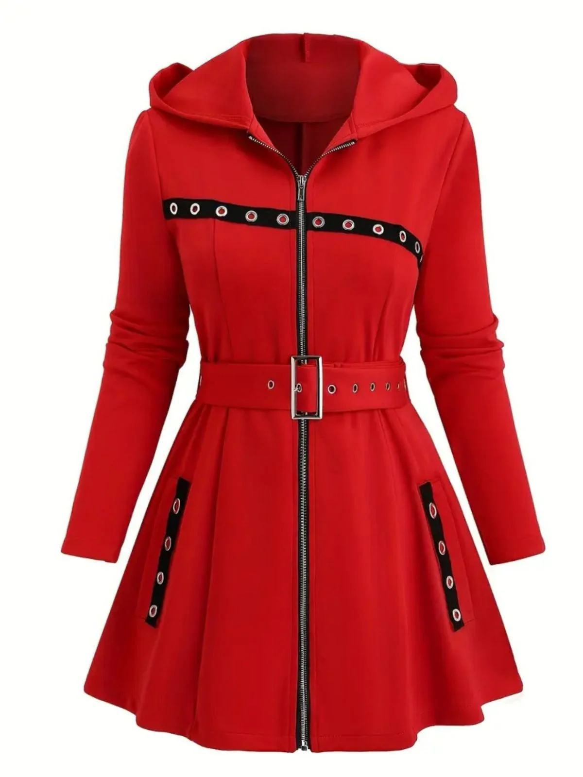 1960er Punk Hooded Zipper Gürtel Midi Jacke