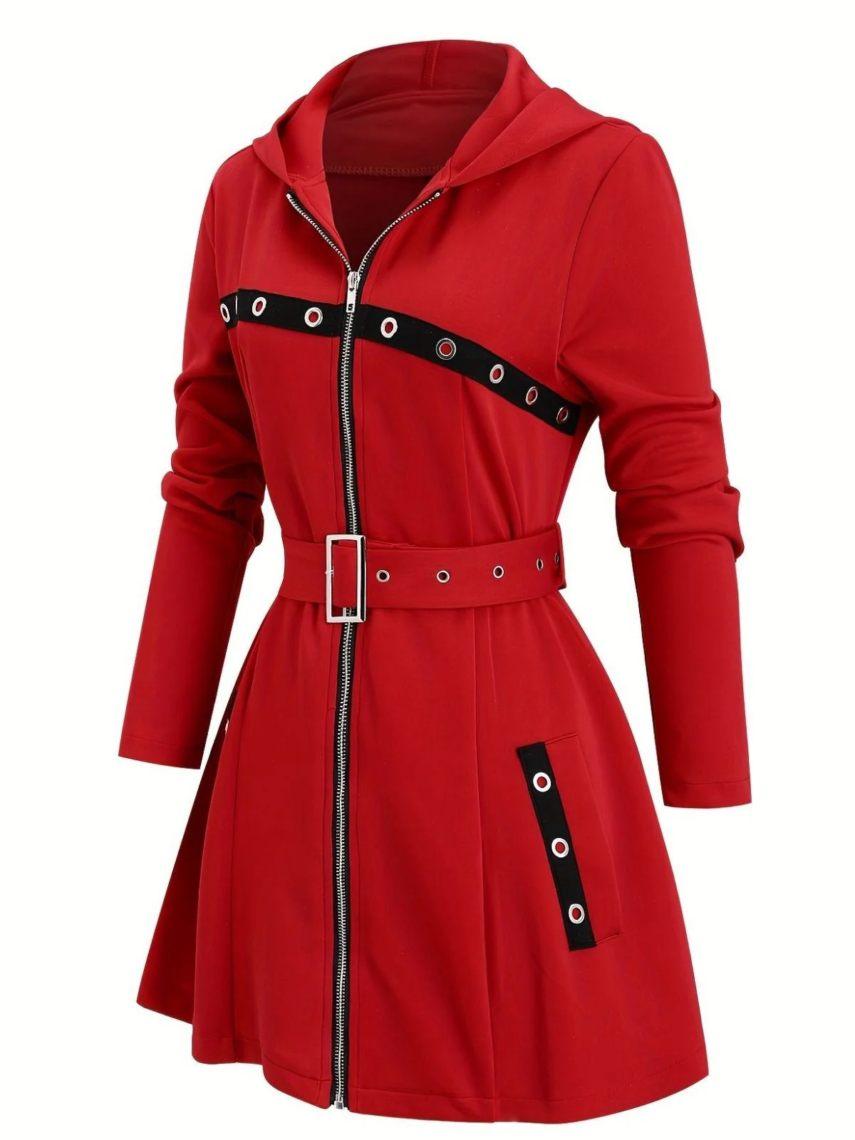 1960er Punk Hooded Zipper Gürtel Midi Jacke - Image 2