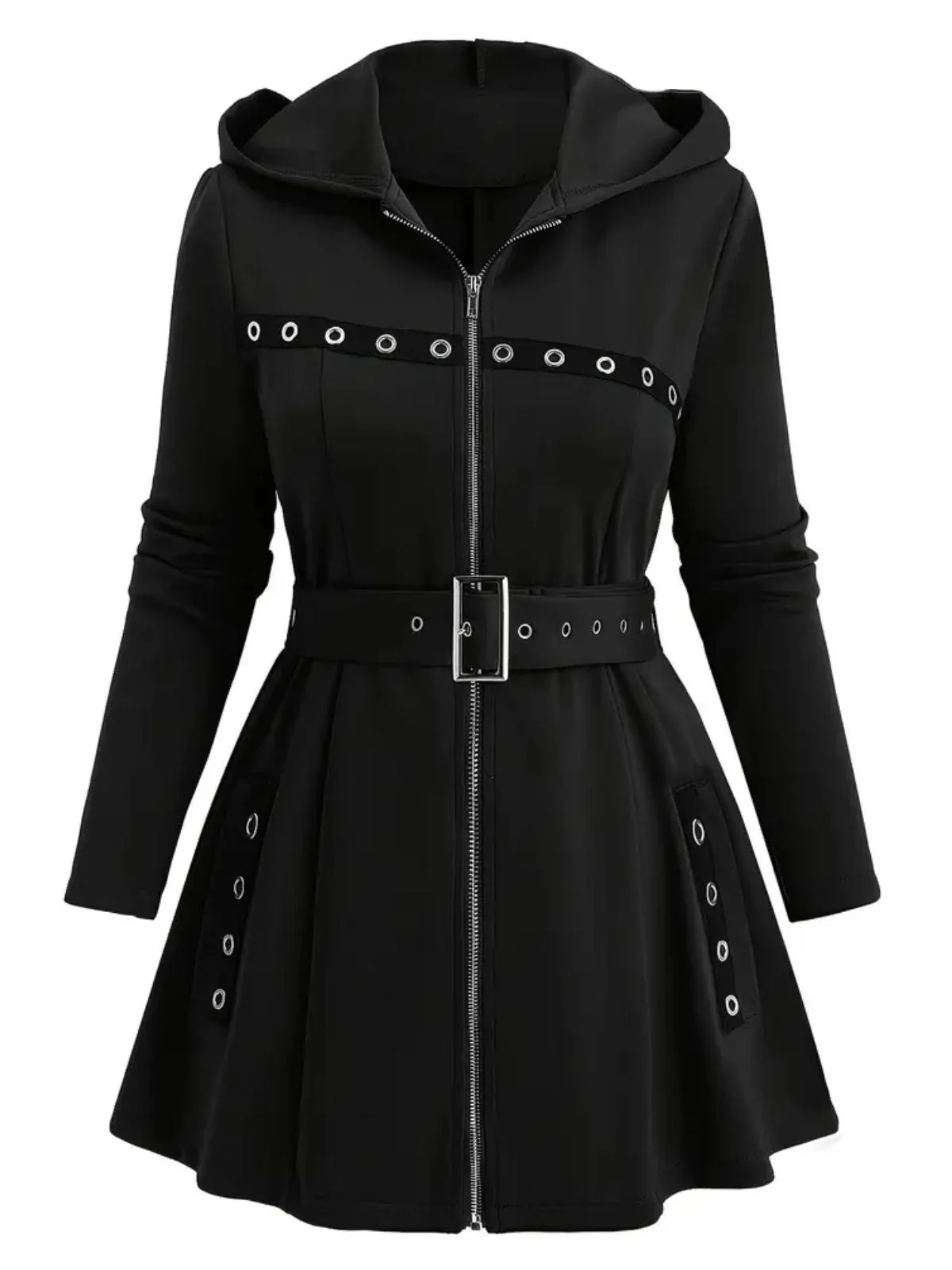 1960er Punk Hooded Zipper Gürtel Midi Jacke - Image 6
