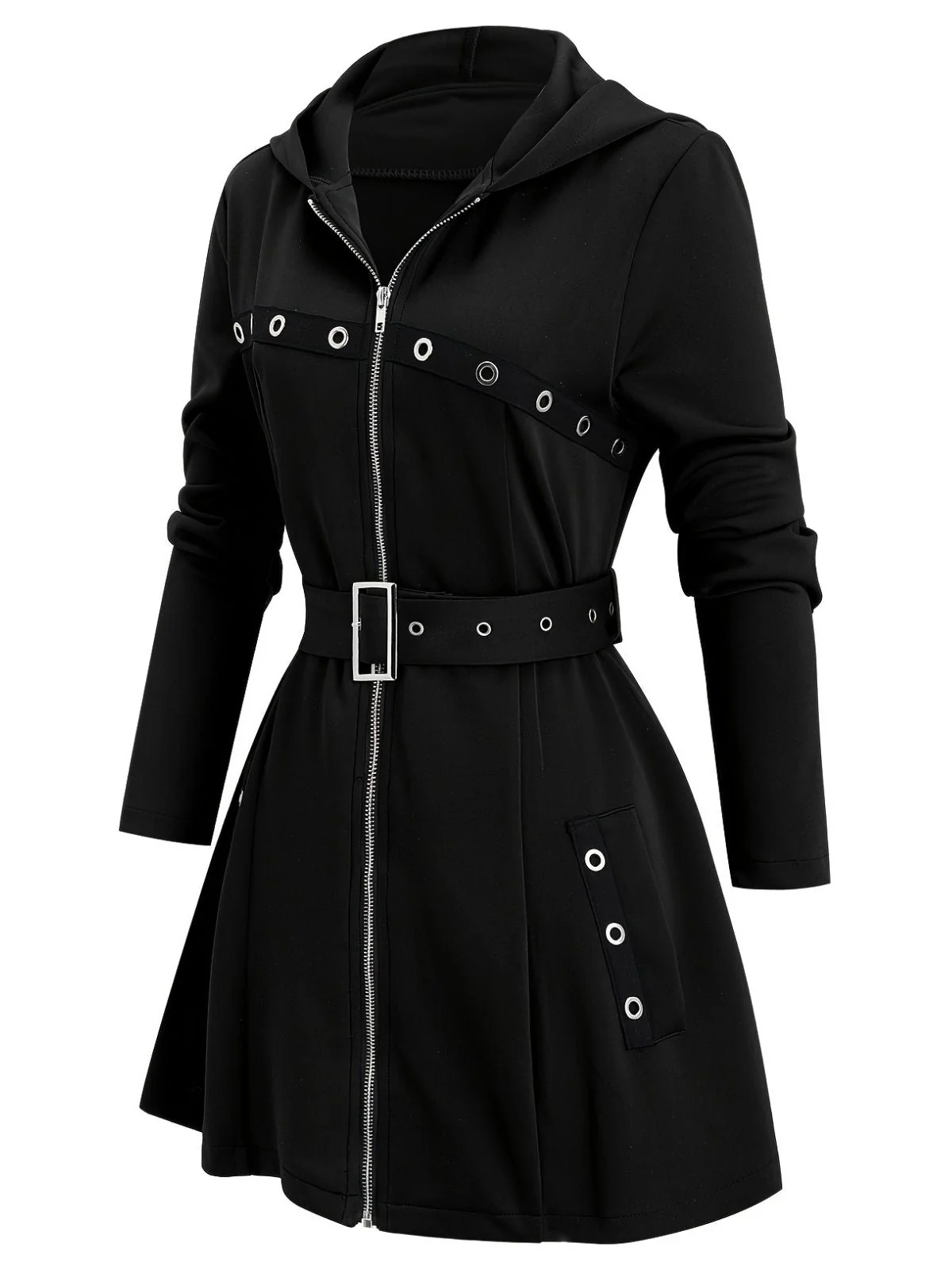 1960er Punk Hooded Zipper Gürtel Midi Jacke - Image 7