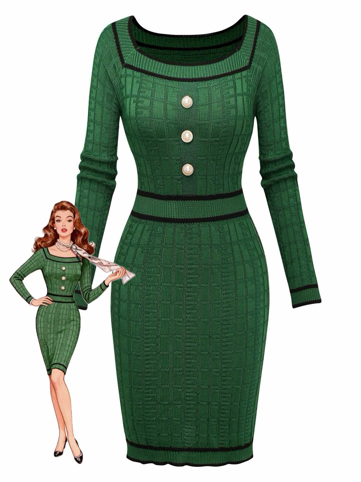 1960er Quadratischer Hals Perle Taste Stricken Kleid